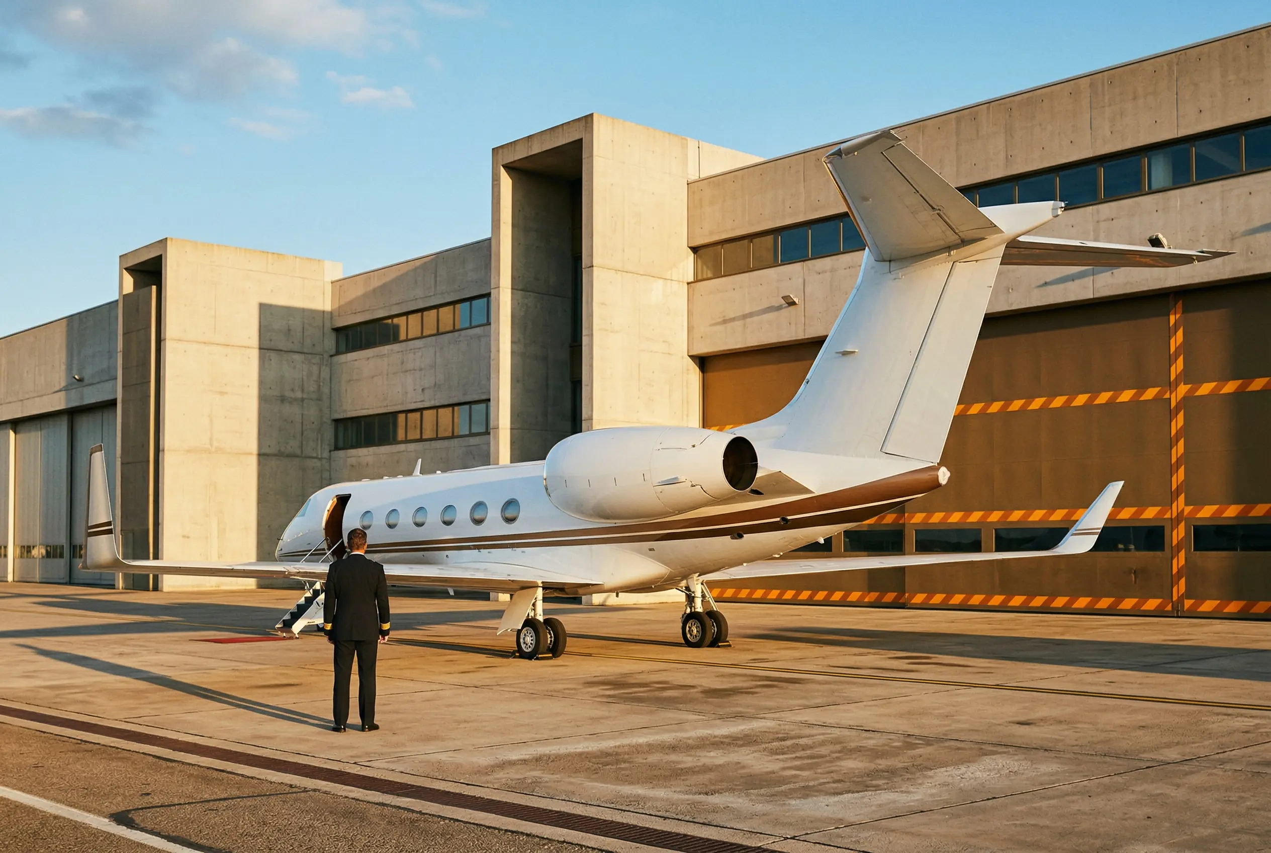 Gulfstream G550 parked on the ramp at an FBO terminal