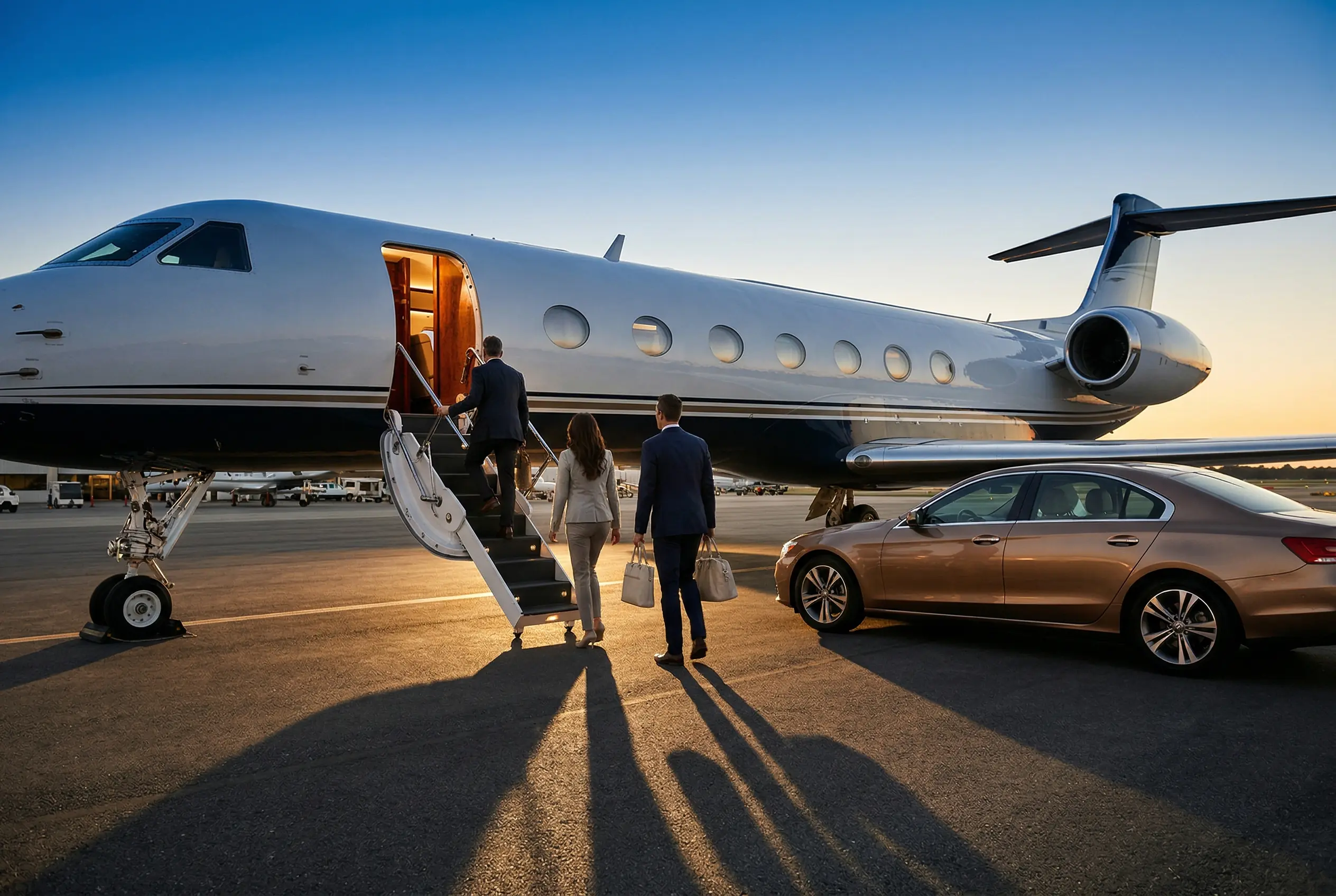 Passengers boarding a Gulfstream G550 on the tarmac