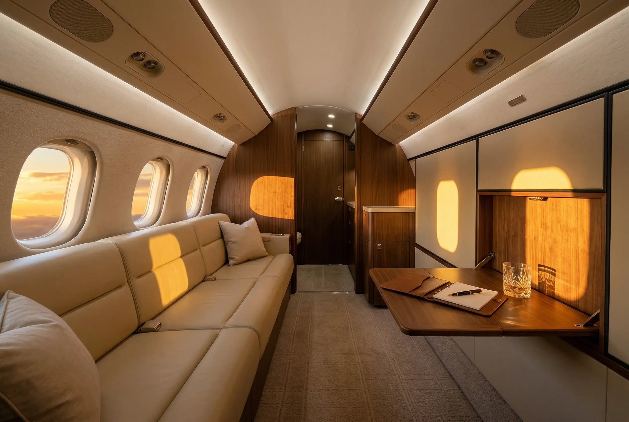 Gulfstream G550 cabin interior with leather conference seating and ambient lighting